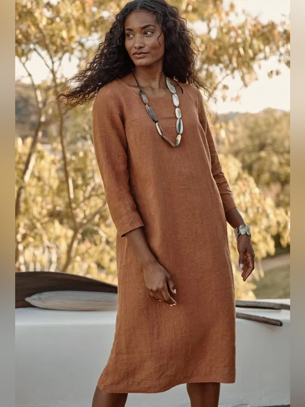 J. Jill Linen Dress Size M Tall 100% Linen Minimalist Orange Brown Square Neck